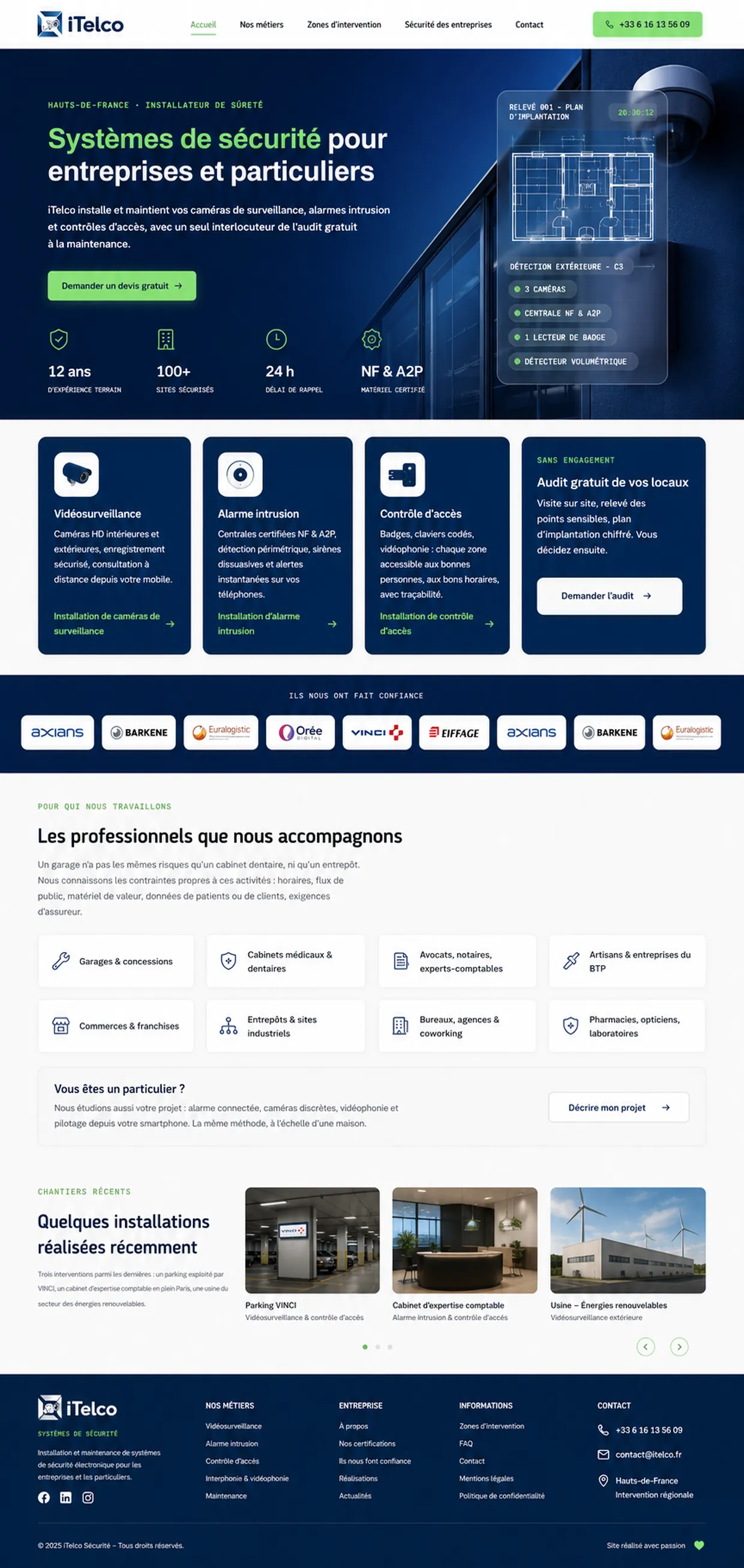 Maquette du site iTelco Sécurité : page d'accueil d'un installateur de sûreté électronique